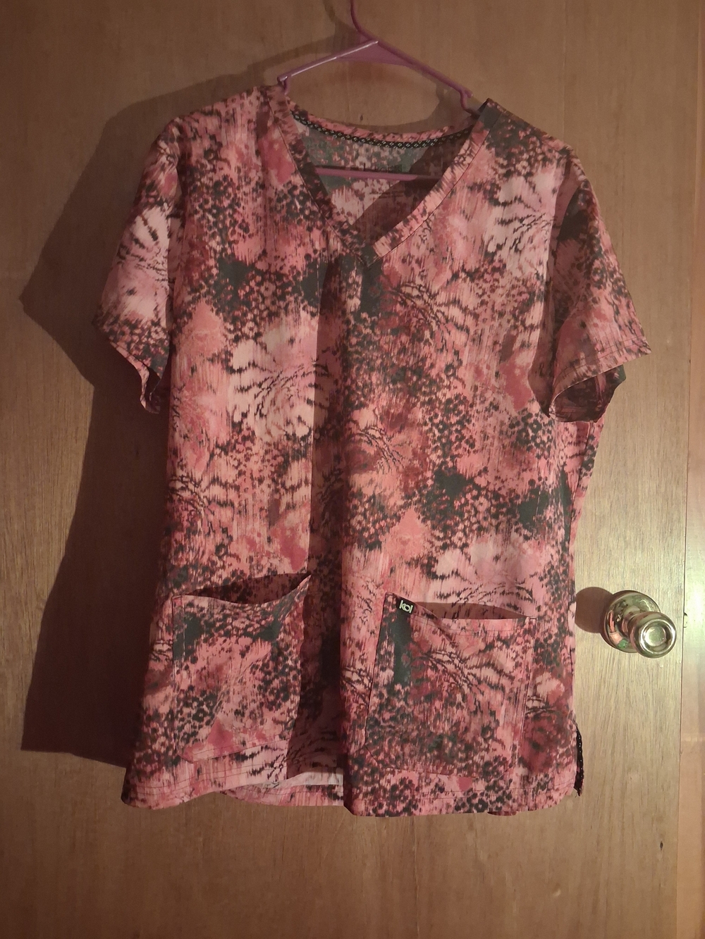 koi Pink and Maroon Patterned V-Neck Scrub Top